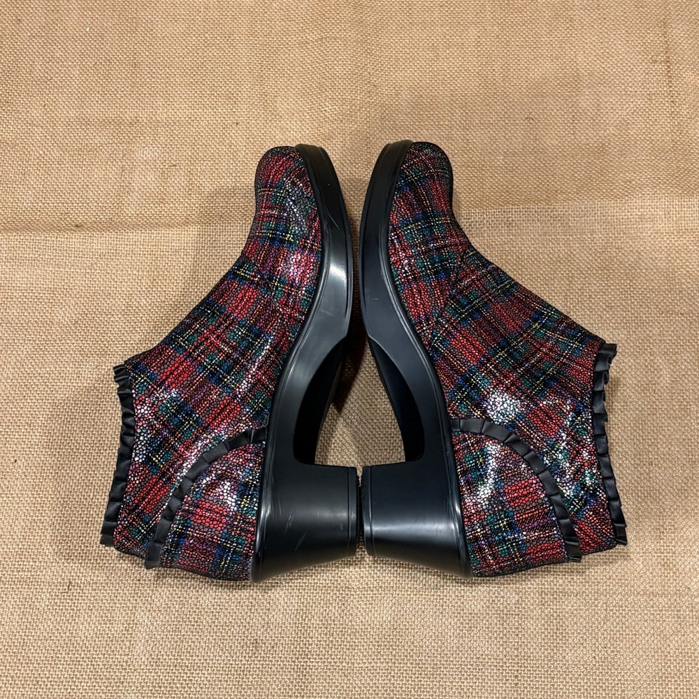 Alegria Hannah Boots Women 39 US 9 Red Green Plaid Tartan Leather Ruffle Comfort - Picture 9 of 10